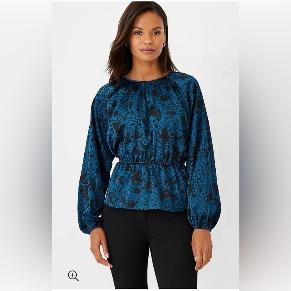 ANN TAYLOR Blue and Black Floral Long-Sleeve Peplum Blouse Cinched Waist